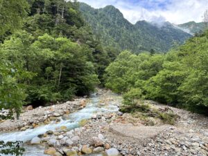 新緑の槍沢を流れる沢と原生林